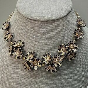 Vintage Black Enamel Flower Gold Tone Choker Necklace 14" Adjustable Rhinestones